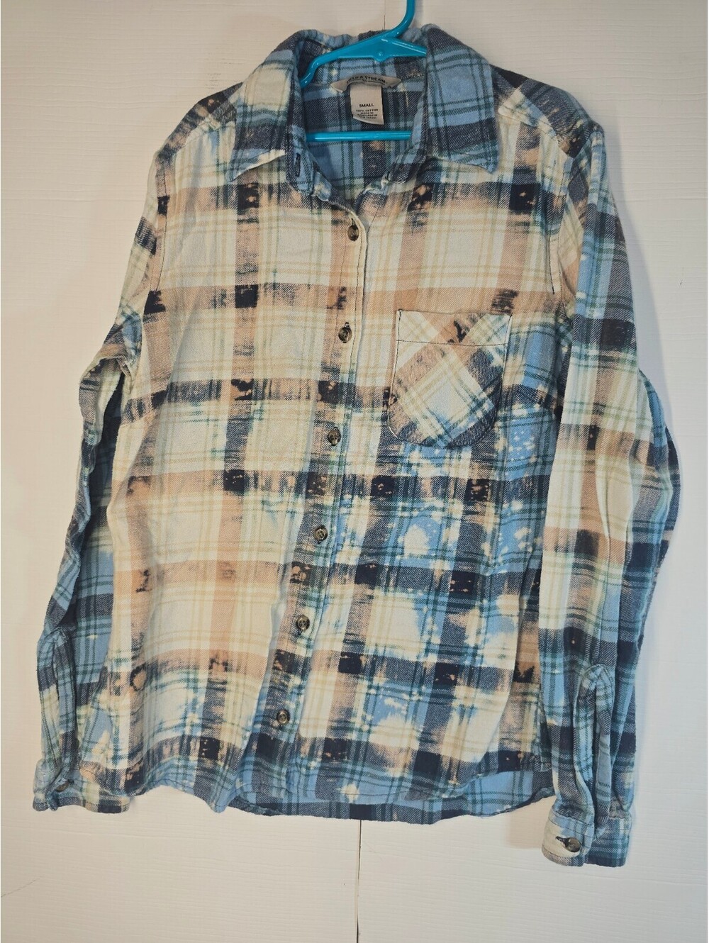 Field & Stream Womens Small Custom Bleached Flannel Shirt Plaid Blue Tan
